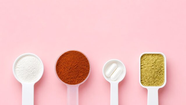 Assorted supplement powders in measuring scoops on pink background