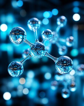 Transparent molecular model floating against blue laboratory background