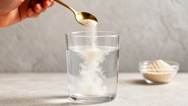Spoon adding white supplement powder to glass of water