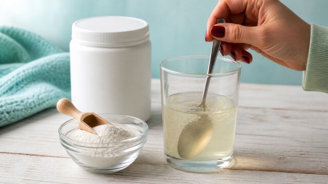 Hand stirring supplement powder into water beside white container