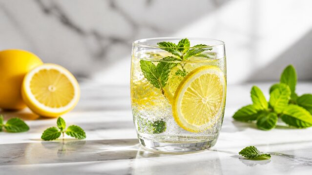 Lemon and mint infused water in glass on bright marble surface