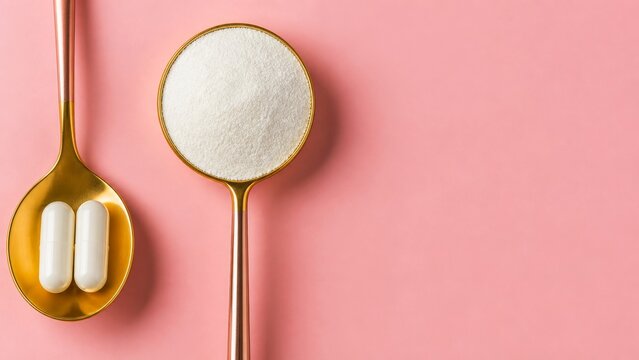 White capsules and supplement powder displayed in gold spoons on pink background