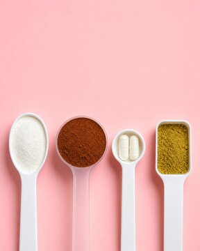 Assorted supplement powders in scoops arranged on pink background