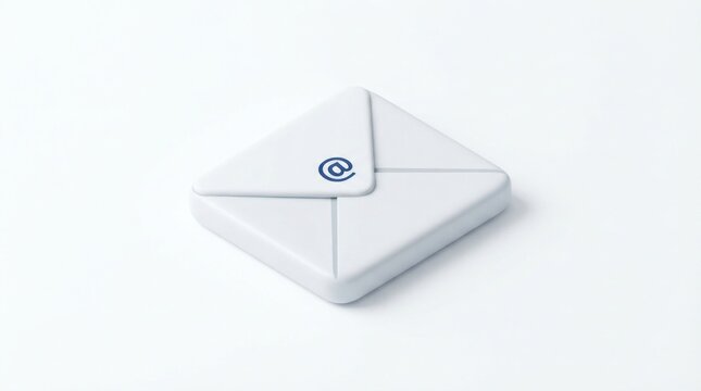 Minimal white origami envelope with blue at symbol stamp on clean surface.