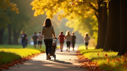 Obraz premium latin mother strolling with stroller in park
