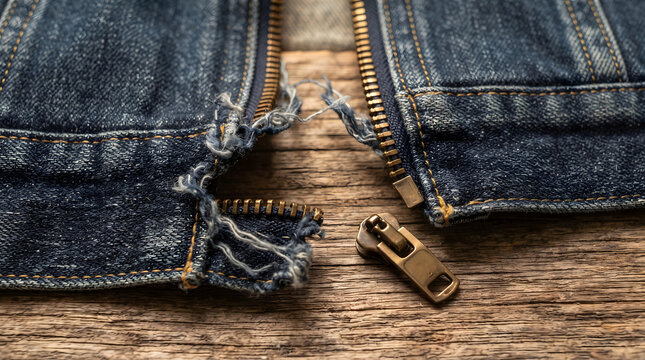 A detailed close-up shot showing a broken bronze metal zipper slider detached from frayed blue denim jeans on a rustic wooden background. Ideal for concepts of textile damage, clothing repair, vint...