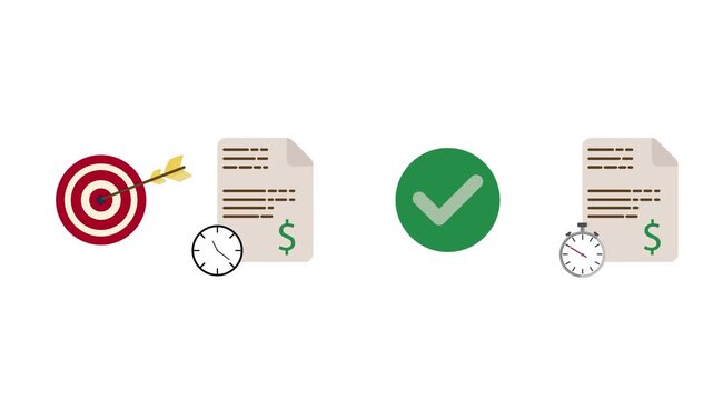 Vector animation. Office concept. Hitting the target, document with clock, green check mark, document with stopwatch.