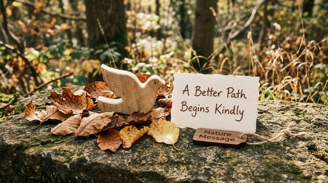 Inspirational wooden dove and paper note with kindness message resting on a mossy rock among autumn leaves in a sunlit forest, representing peaceful living and mindful positive growth for