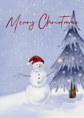 Watercolor Christmas illustration of smiling snowman wearing red hat and cartoon tree against on blue snowy background with snow falling. Template card with handwritten Merry Christmas on background