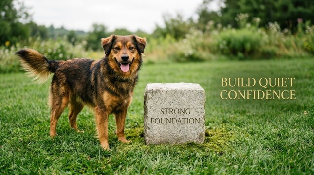 Happy brown dog standing next to a stone monument engraved with strong foundation text in a lush green meadow under soft daylight, illustrating concepts of pet training and building quiet confidence..