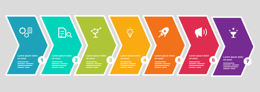 Seven Step Horizontal Arrow Chevron Process Flow Infographic Vector Template with Sequential Steps Icons and Text Placeholders