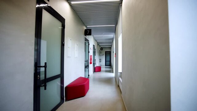 Long bright corridor displays glass doors with numbered signs above them. Red soft benches provide comfortable waiting spots along wall