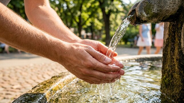 Hands cupping refreshing fountain water on hot summer day. Person cooling palms under outdoor park water stream for heat relief.