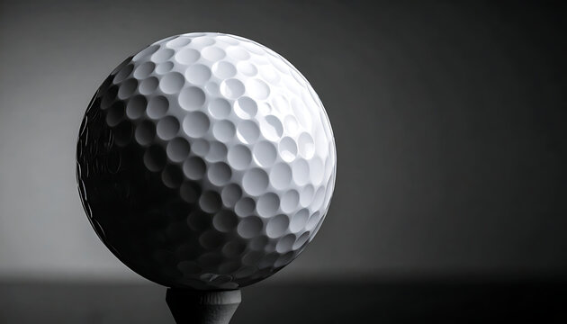 Closeup detailed golf ball on tee, dimpled texture, black and white, studio lighting, sport and leisure, golf game
