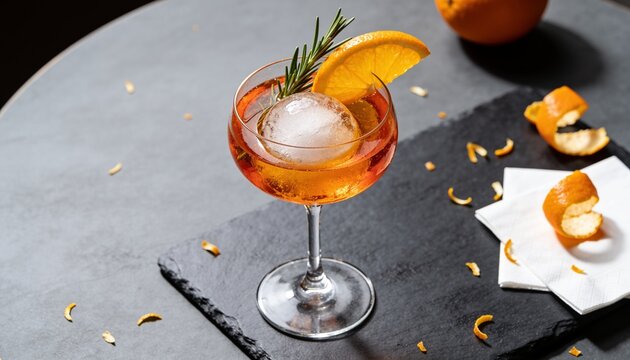 spritz cocktail with ice sphere orange slice and rosemary sprig