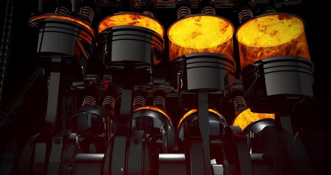 Modern V8 engine loaded sports car moving on futuristic digital street. Detailed 3D render of active V8 engine animation.