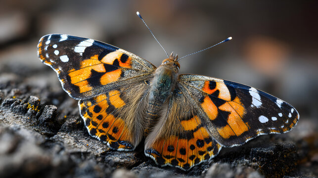 Detailed macro view of painted lady butterfly resting on textured tree bark surface outdoors with captures close perspective perspective vibrant orange