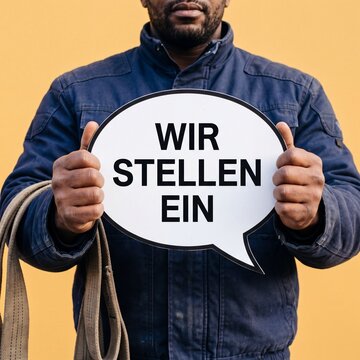 M&ouml;belpacker h&auml;lt Schild Wir stellen ein in Nahaufnahme