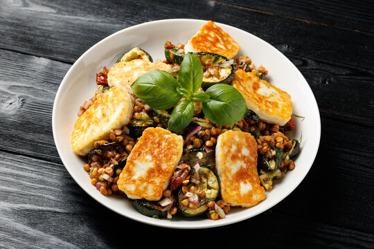 Halloumi and Lentil Salad with Roasted Courgettes