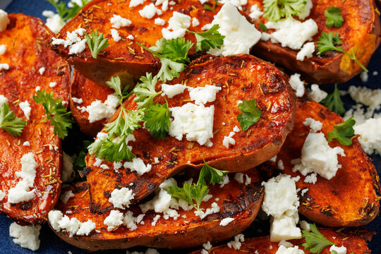 Oven Roasted Sweet Potatoes with Crumbled Feta and Fresh Parsley