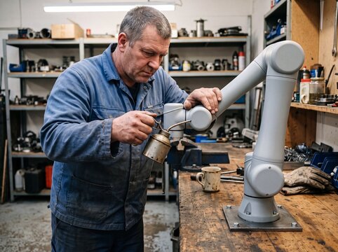 Nahaufnahme: Techniker &ouml;lt Gelenk eines Roboterarms
