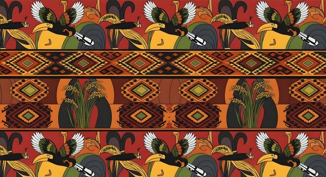 Traditional Borneo Tribal Pattern with Hornbill Birds and Paddy Rice