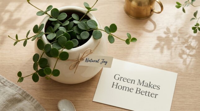 Small green houseplant in a white ceramic pot with a natural joy tag and an inspirational greeting card saying green makes home better sits on a wooden table with soft sunlight and shadows.