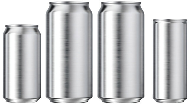 Four brushed aluminum beverage cans of different sizes