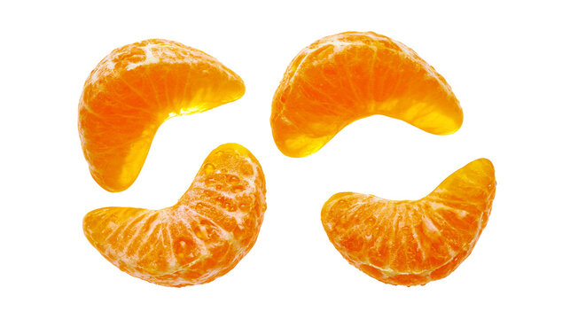 Four segments of peeled mandarin orange with visible pulp and juice droplets