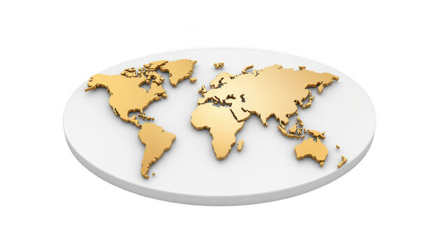 3D golden world map on white round podium, premium global business and wealth concept, transparent isolate background.