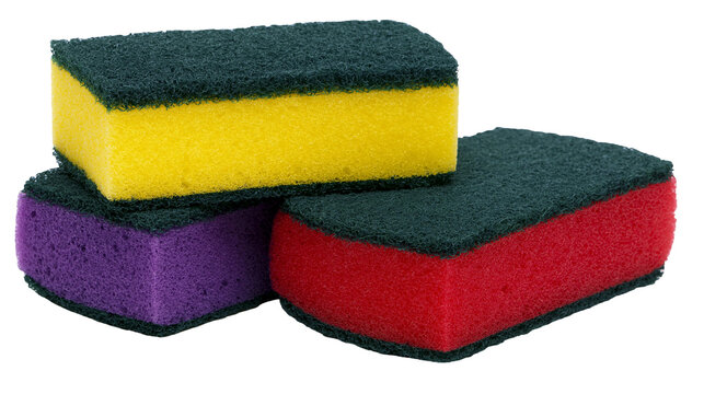 Three colorful cleaning sponges with abrasive scrubbers