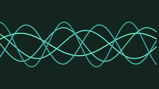 Abstract background with overlapping teal sine wave frequency lines on a dark black backdrop suitable for technologythemed designs, musicrelated projects.