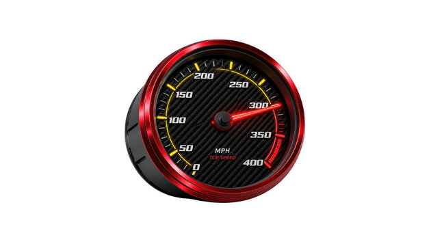 Car racing speedometer with red metallic rim and carbon fiber dial, top speed performance concept, transparent isolate background.