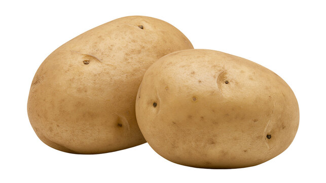 Two whole raw potatoes with brown skin and small dark eyes