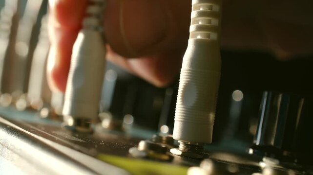 Close up sound engineer hand plugging white audio cable into patch bay of modular synthesizer, with warm, dramatic lighting, electronic equipment. Hand plugging audio jack into synthesizer patch panel