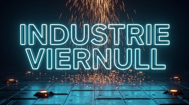 Industrie Viernull Neonschrift mit Funkenregen in Totale
