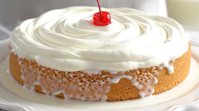 Tres leches cake preparation with milk pouring over sponge and whipped cream topping with cherry