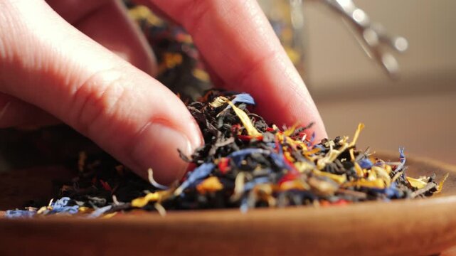 Close-up of female fingers picking up colorful loose leaf herbal tea from a wooden bowl. Assorted dried flowers and botanical ingredients for healthy natural tea preparation. High quality 4k footage