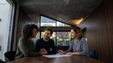 Fototapeta premium Diverse young couple discussing home loan mortgage and modern house blueprint floor plan with real estate agent, planning property buying investment and architectural renovation in office.