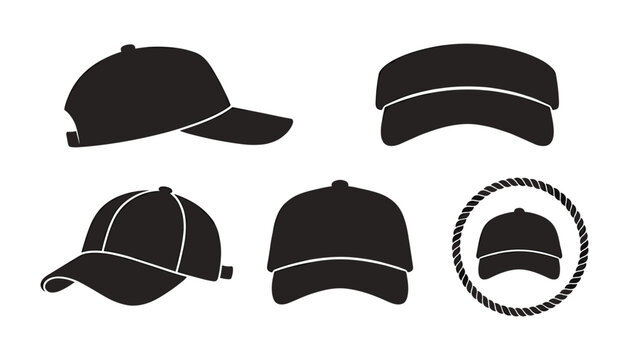 Baseball Cap Silhouette Icon Set Featuring Front Side Angle Views and Sports Visor Headwear Headgear Layout Mockup Graphic Designs