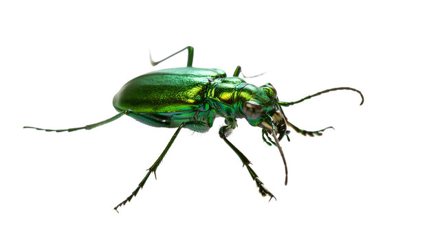 Metallic green tiger beetle insect with long legs and antennae
