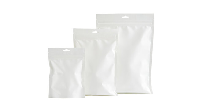 Three blank white resealable pouches in different sizes