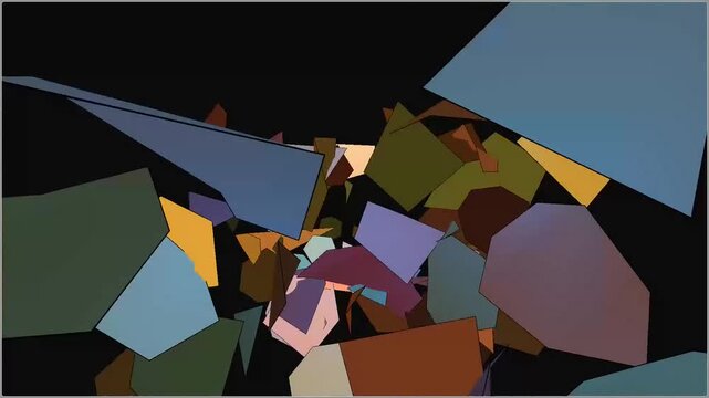 Composizione astratta dinamica con forme geometriche irregolari e colori vivaci su sfondo scuro