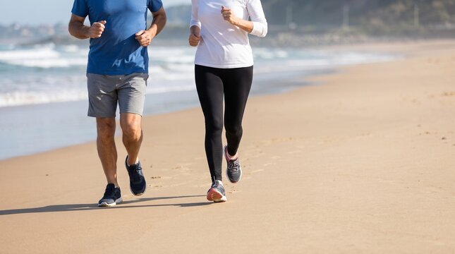 Cropped low angle view of active couple jogging on sandy beach, male and female runners doing outdoor fitness training near sea ocean shore for quality life health and daily wellness routine