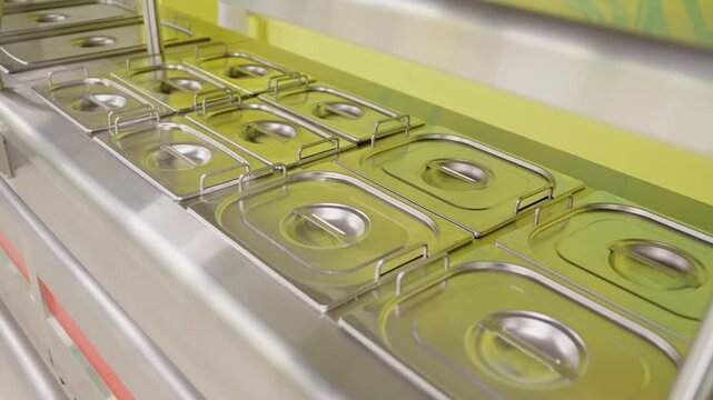 Self-service buffet line features stainless steel food containers with matching flat metal lids. Tray slide rails run along food counter