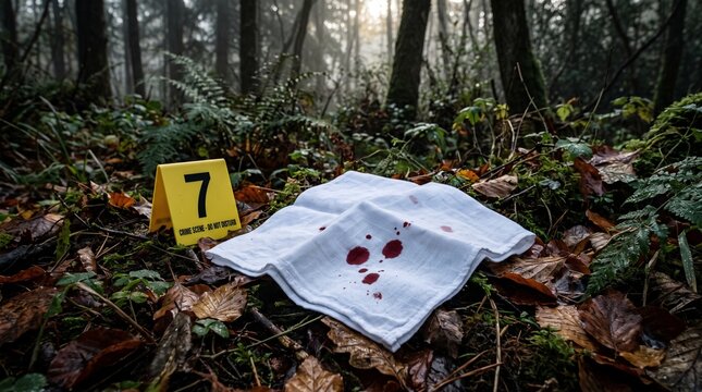Crime Scene Investigation with Blood-Stained Cloths and Evidence Marker in Forest.
