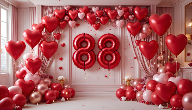 Elegant 88th birthday celebration with red and pink heart and round balloons.