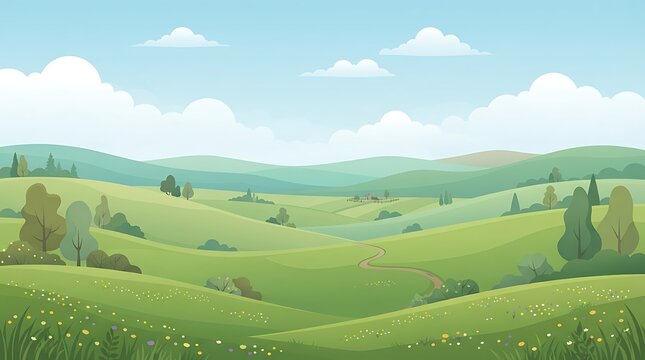 Green rolling hills landscape with trees and clouds