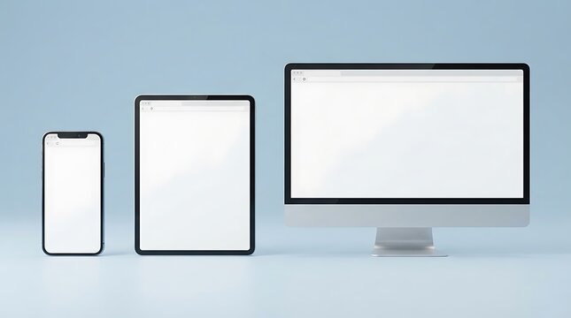 Smartphone tablet and desktop monitor on gray background