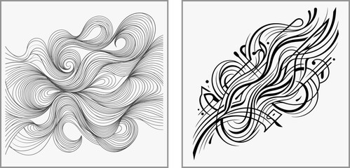 Fototapeta premium Abstract black and white line art illustrations with flowing wavy patterns and calligraphic swirls for decorative design